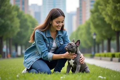 Femme souriante jouant avec un chiot bouledogue français dans un parc urbain