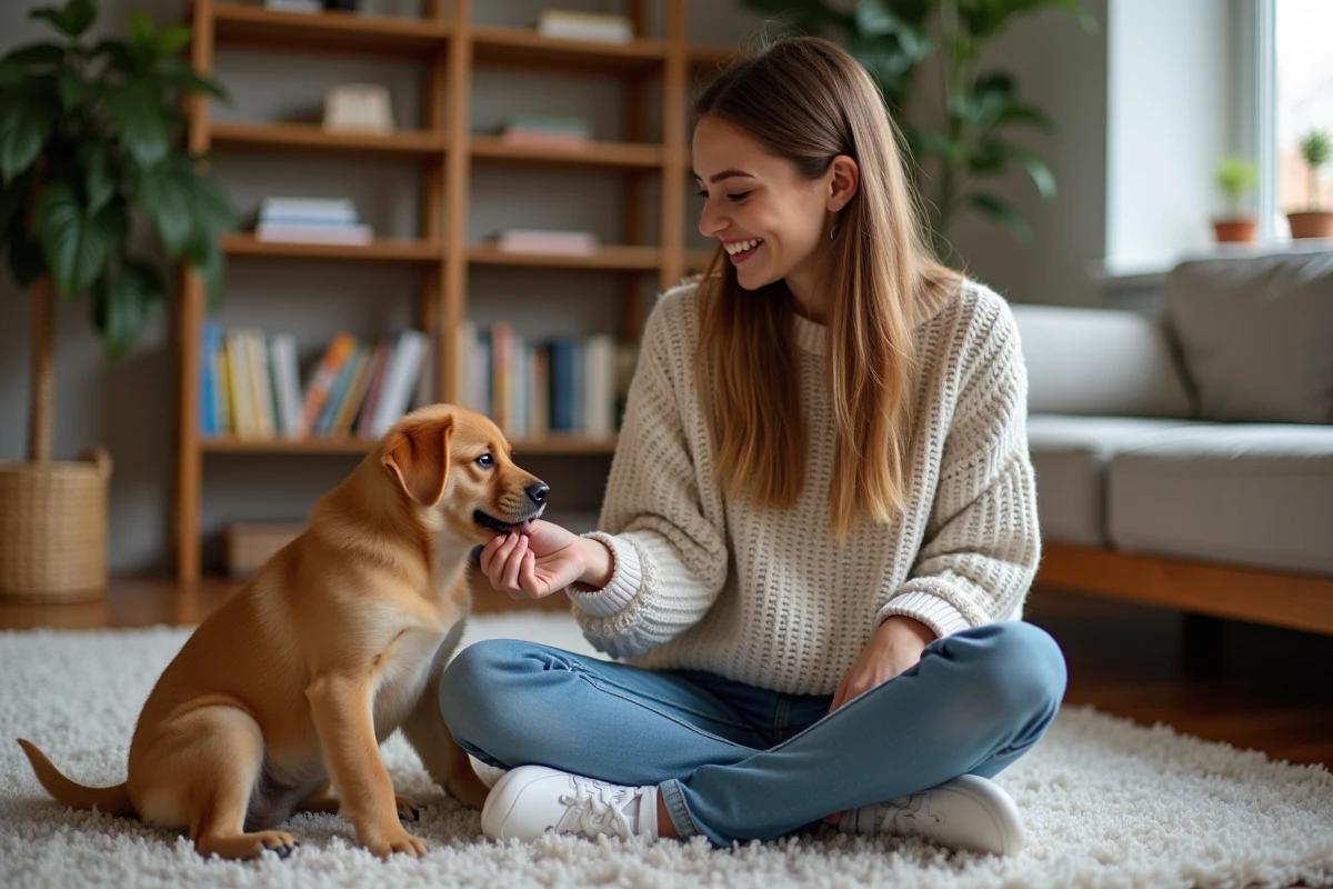 Femme jouant avec un teckel dans un salon chaleureux