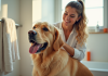 Femme souriante brossant un chien golden retriever dans une salle de bain lumineuse