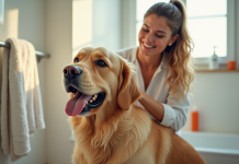 Femme souriante brossant un chien golden retriever dans une salle de bain lumineuse