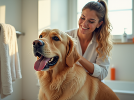 Femme souriante brossant un chien golden retriever dans une salle de bain lumineuse