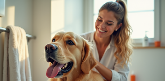 Femme souriante brossant un chien golden retriever dans une salle de bain lumineuse