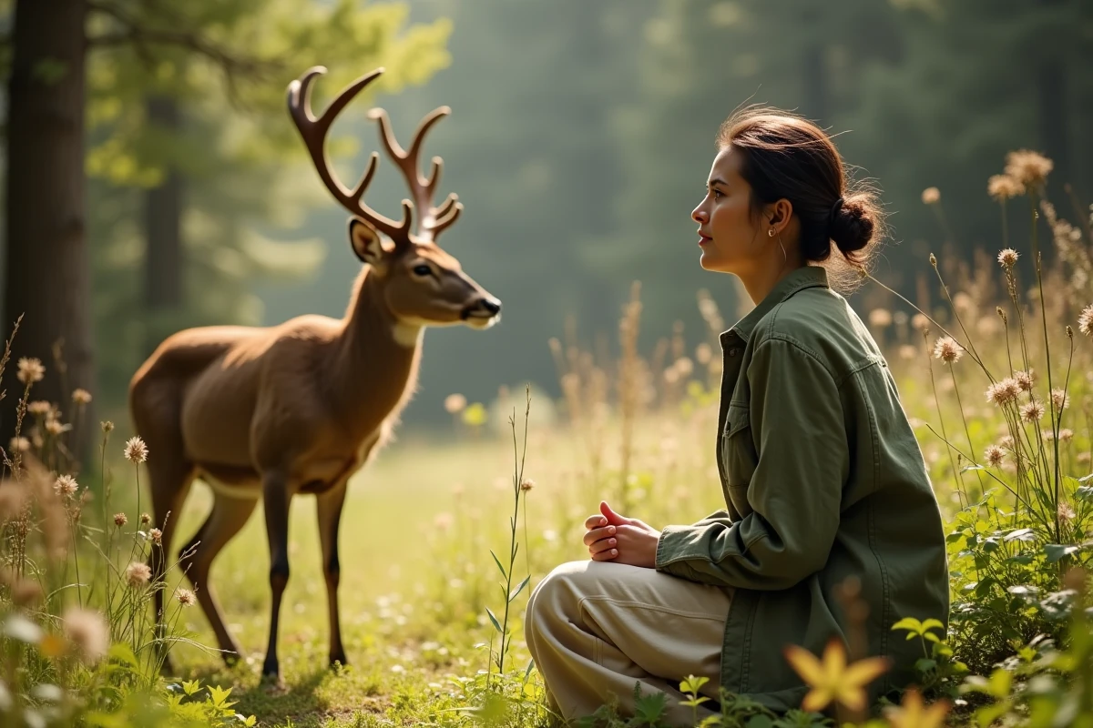 Femme agenouillée face à un cerf sauvage dans une clairière forestière, moment de connexion spirituelle avec la nature