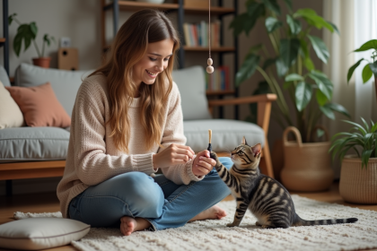 Jeune femme jouant avec un chat dans un intérieur chaleureux