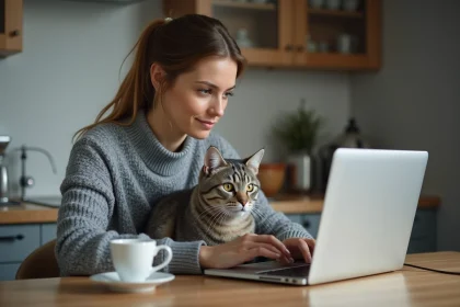 Femme avec chat dans la cuisine moderne