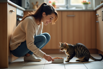 Femme déposant de la nourriture pour son chat dans une cuisine moderne