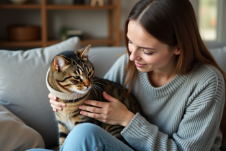 Femme réconforte son chat neutré dans un salon chaleureux