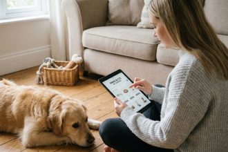 Femme choisissant des accessoires pour son chien sur une boutique en ligne depuis sa tablette, assise sur un parquet en bois avec son golden retriever