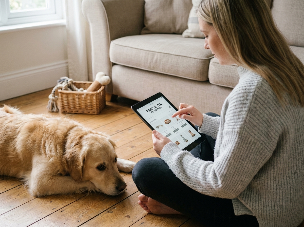 Femme choisissant des accessoires pour son chien sur une boutique en ligne depuis sa tablette, assise sur un parquet en bois avec son golden retriever