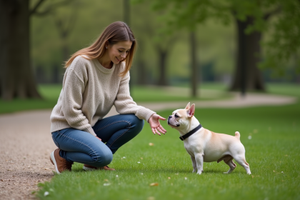 Jeune femme donnant un ordre à un bulldog dans un parc