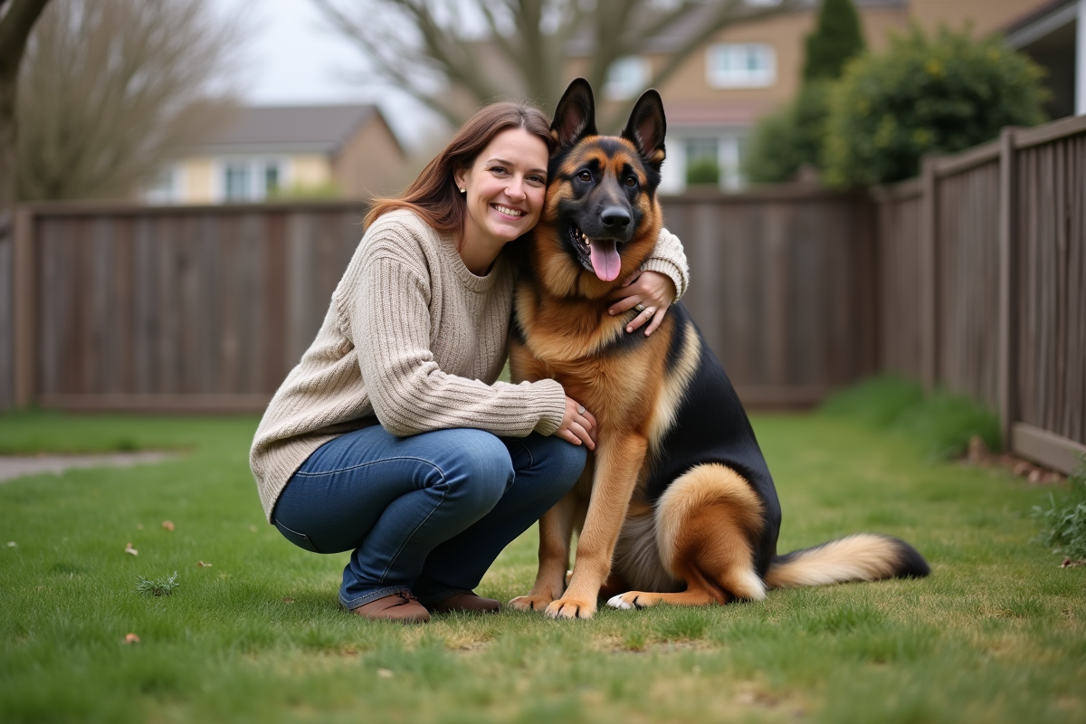 Femme en jean et pull câline son chien dans un jardin