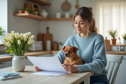 Femme avec son chien consulte des papiers vétérinaires