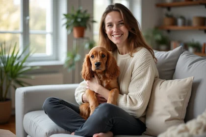 Femme tenant un Cocker Spaniel Nain dans un appartement moderne et lumineux