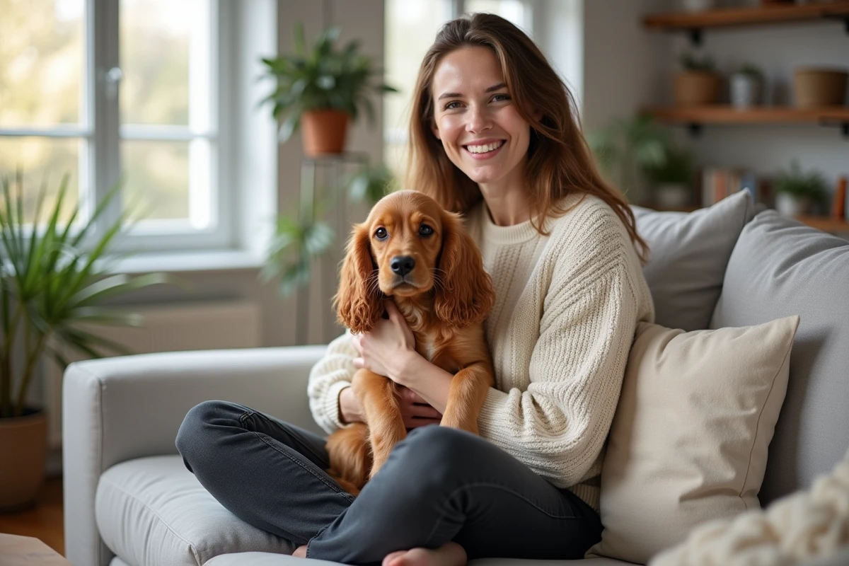 Femme tenant un Cocker Spaniel Nain dans un appartement moderne et lumineux