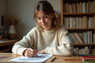 Femme adulte coloriant un dessin d'oiseau anti-stress sur du papier épais avec des crayons de couleur
