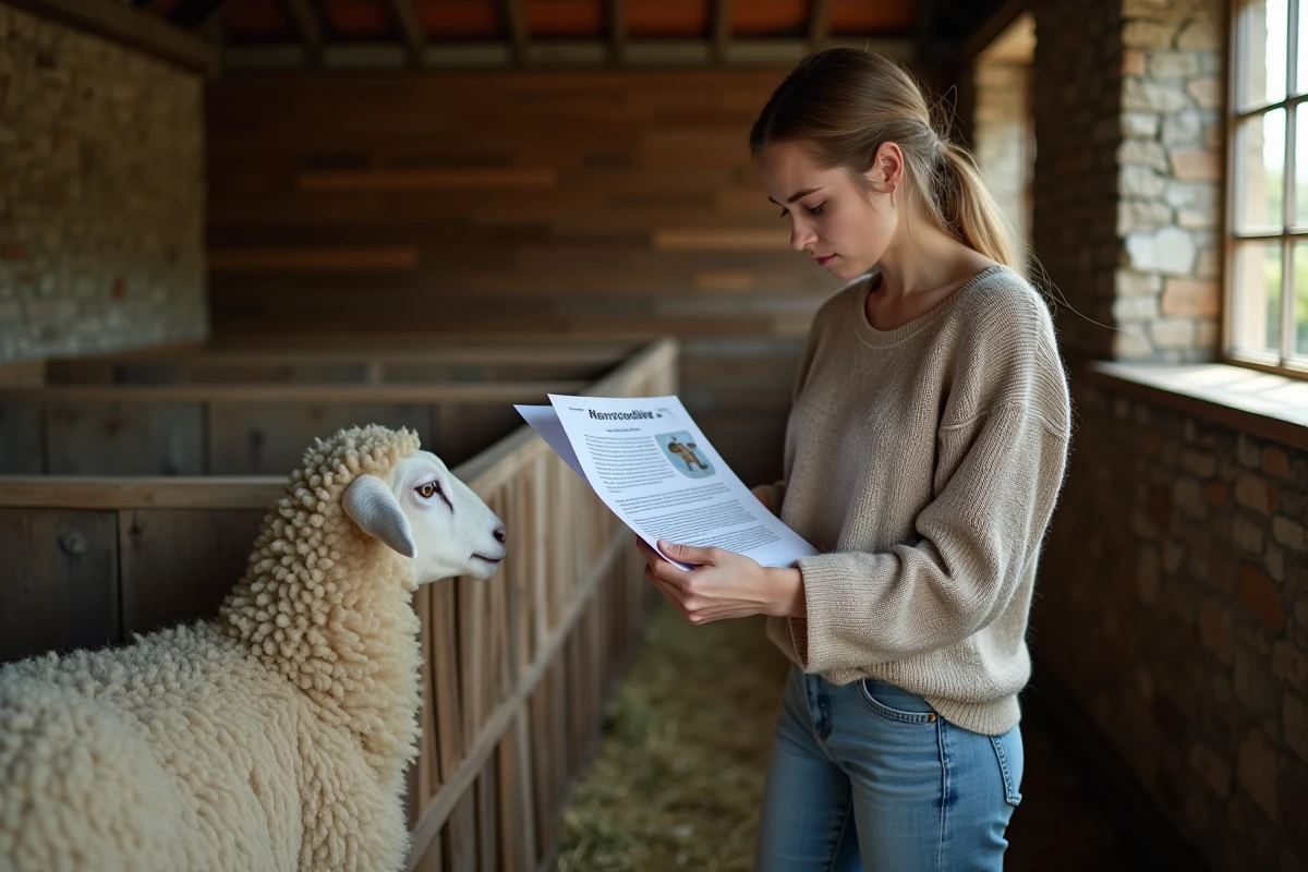 Jeune femme vérifiant un mouton dans une étable en intérieur