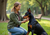 Alternatives à la coupe des oreilles des dobermanns : conseils et solutions Femme assise avec un Doberman dans un parc verdoyant