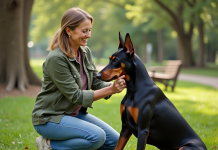 Alternatives à la coupe des oreilles des dobermanns : conseils et solutions Femme assise avec un Doberman dans un parc verdoyant