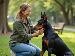 Alternatives à la coupe des oreilles des dobermanns : conseils et solutions Femme assise avec un Doberman dans un parc verdoyant