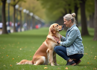 Chien : pensées et lien avec son maître, décryptage d’une relation unique Femme en jean avec son retriever dans un parc paisible