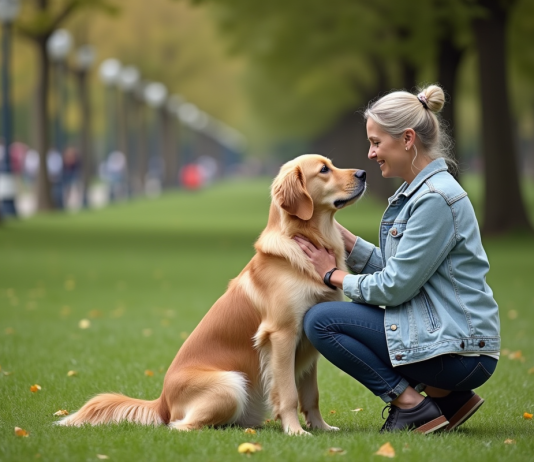 Femme en jean avec son retriever dans un parc paisible