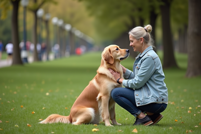 Femme en jean avec son retriever dans un parc paisible