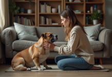 Changement de propriétaire pour un chien : comprendre ses ressentis et émotions Femme et chien assis dans un salon chaleureux