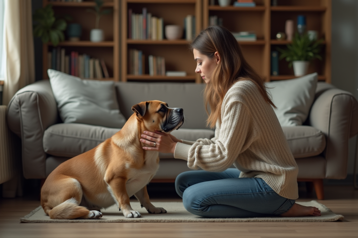 Femme et chien assis dans un salon chaleureux