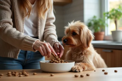 Femme donnant à manger à son teckel dans la cuisine chaleureuse
