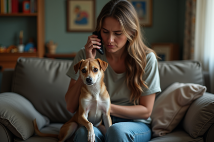 Femme préoccupée tenant un petit chien timidement