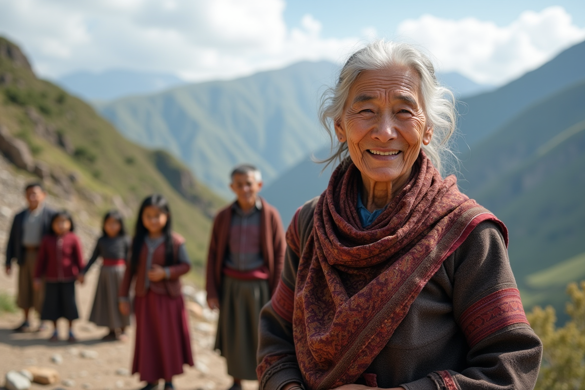 Femme âgée souriante en vêtements traditionnels en montagne