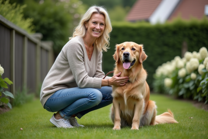 Femme française avec chien dans un jardin soigné
