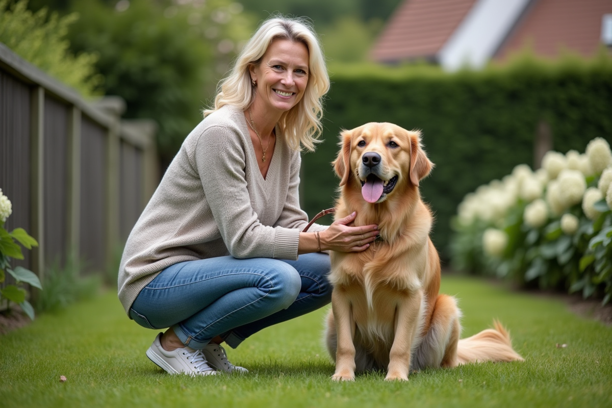 Femme française avec chien dans un jardin soigné