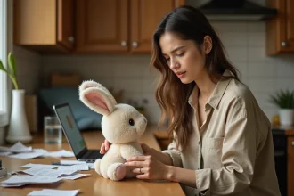 Femme inspectant un Bunny Pal d'occasion sur une table en bois, comparant prix et état du jouet interactif