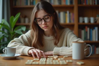 Jeune femme jouant à un jeu de mots dans la cuisine