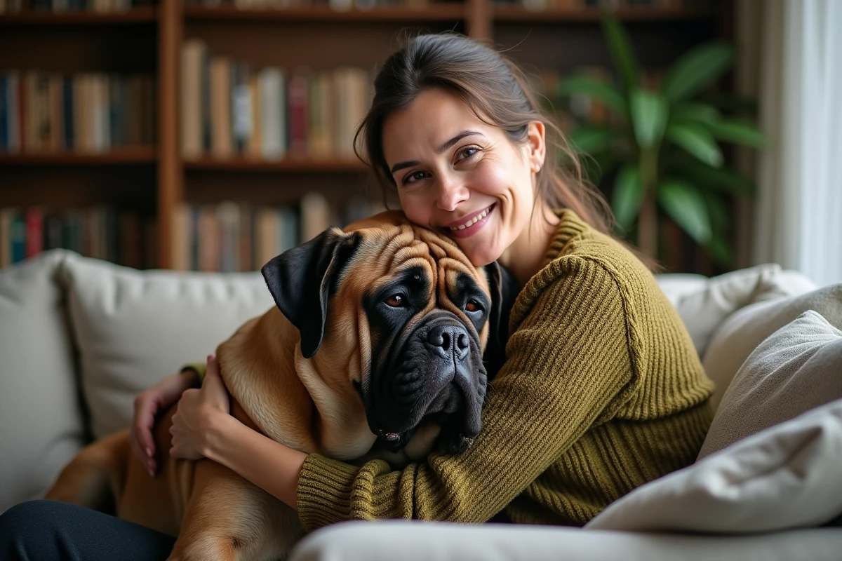 Une femme souriante câlinant affectueusement un Mastiff napolitain aux plis de peau prononcés dans un salon chaleureux