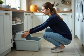 Jeune femme crouchée près d'une étagère à linge avec bac à litière