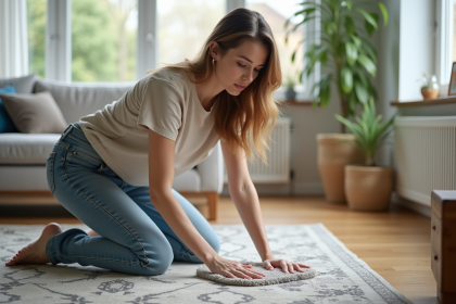 Femme en jeans nettoyant un tapis dans le salon