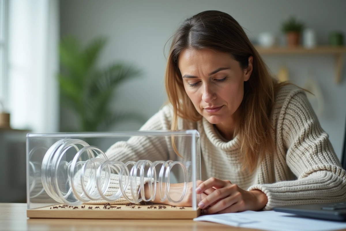 Femme regarde attentivement une ferme à fourmis en plexiglas