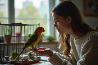 Jeune femme regarde un kakariki dans une cage intérieure