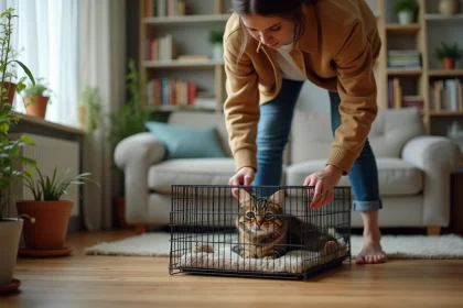 Femme posant un chat dans une cage discrète dans un salon chaleureux