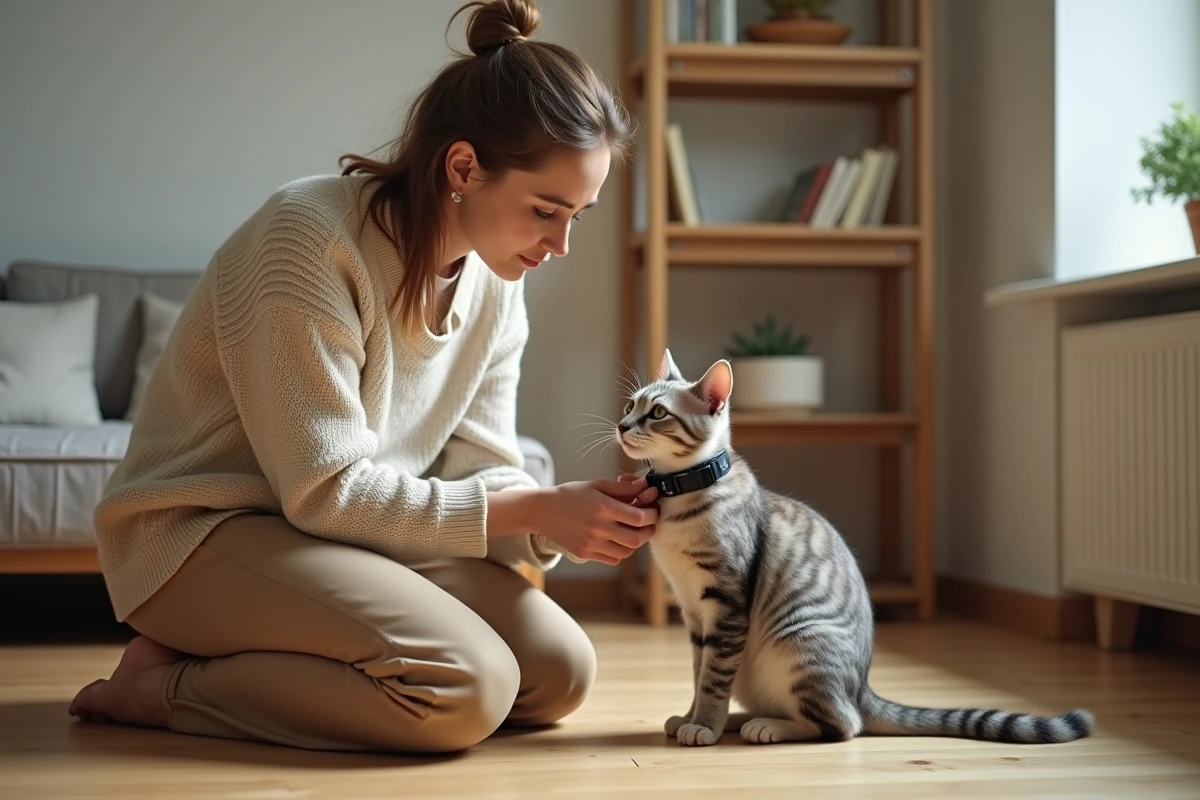 Femme installant un collier GPS sur son chat dans un appartement au style scandinave