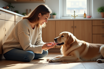 Femme donnant une pilule à son chien dans la cuisine lumineuse