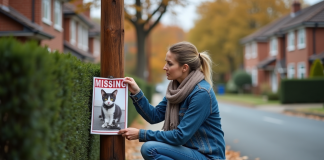 Femme en denim cherche chat perdu sur un trottoir