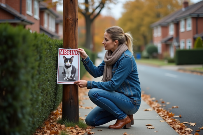 femme-recherche-chat-perdu Femme en denim cherche chat perdu sur un trottoir