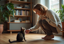 Langue des chats : comment dire bonjour à un chat ? Femme en pull doux saluant un chat dans un salon chaleureux