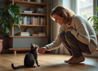 Langue des chats : comment dire bonjour à un chat ? Femme en pull doux saluant un chat dans un salon chaleureux