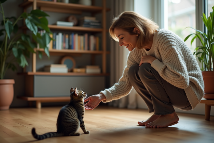 femme-reconfort-chat-maison Femme en pull doux saluant un chat dans un salon chaleureux