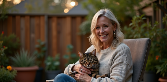 Chat dehors la nuit : est-ce une bonne idée ? Conseils pour la sécurité et le bien-être Femme assise avec un chat dans un jardin la nuit
