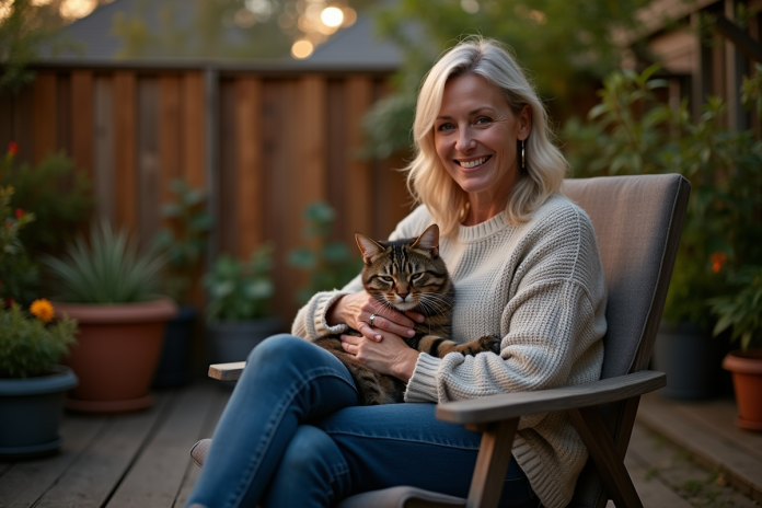 Femme assise avec un chat dans un jardin la nuit